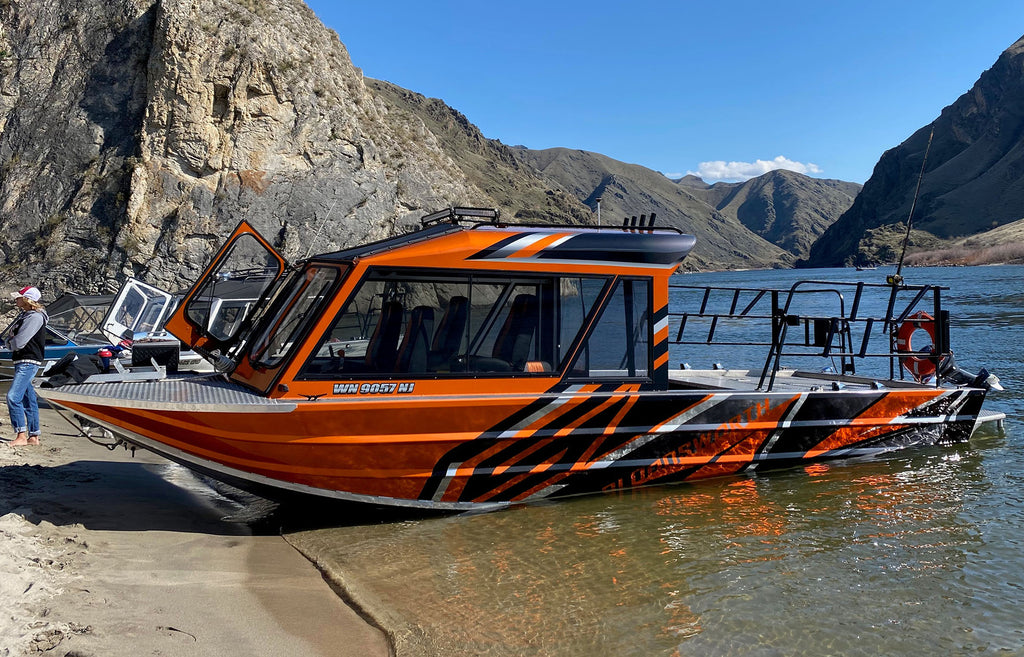 Dynamic Designs - Jet Boat Vinyl Wrap - Orange, Black, and Silver graphics